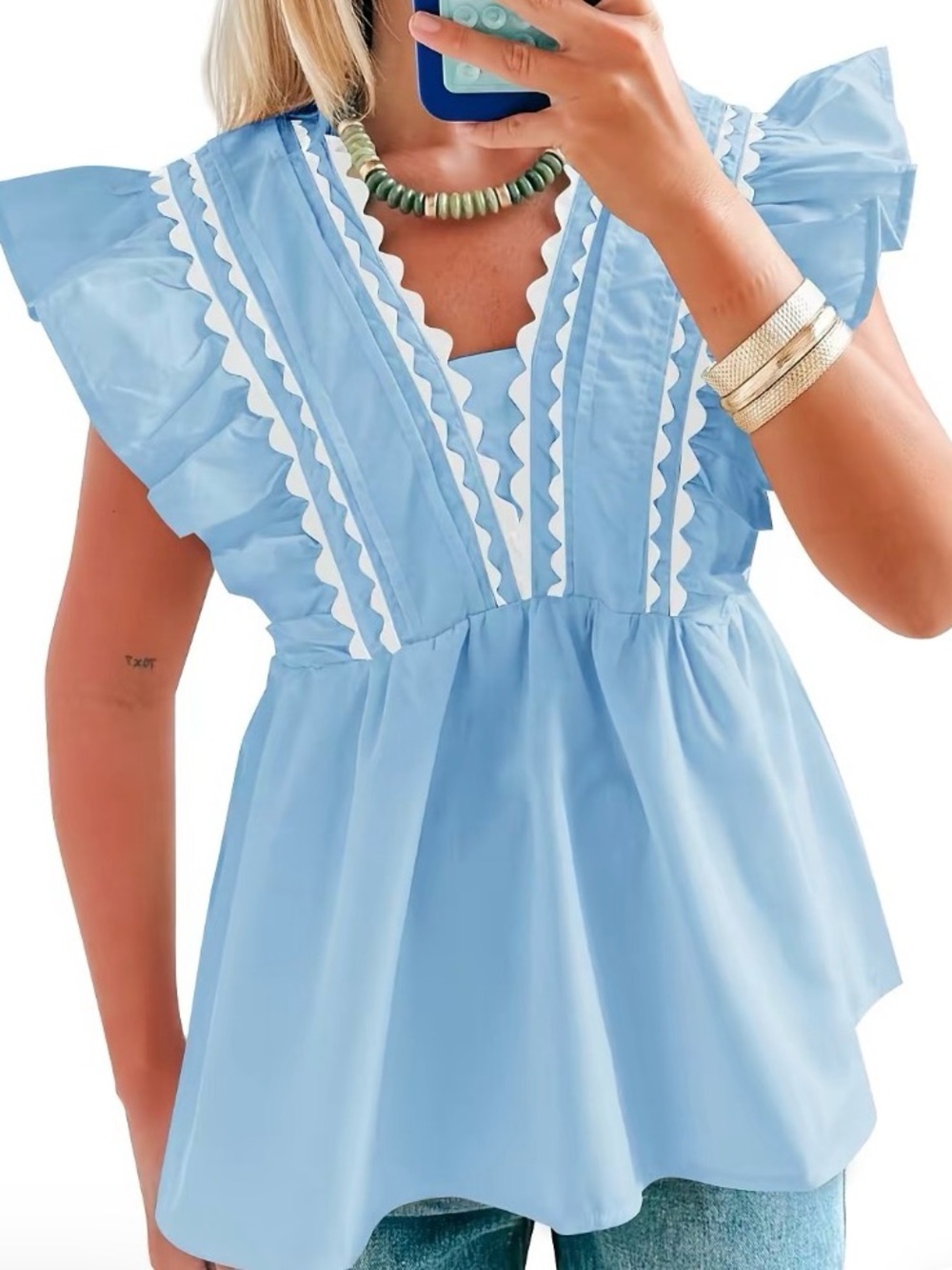 Cicy Bell Blue V-neck Peplum Top.